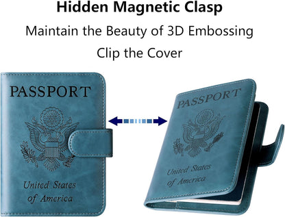Passport Holder Cover Wallet Travel Essentials Leather Rfid Blocking Case Vacation Luggage Must Haves Travel Accessories for Men Women (120#Blue)
