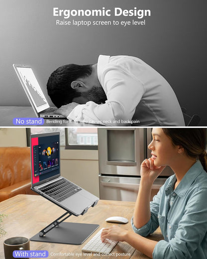 Aluminum Laptop Stand, Laptop Stand for Desk, Adjustable Height Ergonomic Computer Stands Compatible with MacBook Air, Pro, Dell, HP, Lenovo More, All 10-16'' Notebooks Laptops, Gray