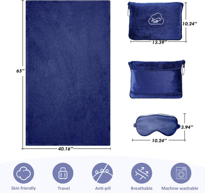 Travel Blanket, Ultra-Soft, Warm & Lightweight Travel Blanket Airplane with Bag, 65x40 in, Airplane Travel Essentials for Women, Men & Kids, Included Eye Mask, Luggage Sleeve & Backpack Clip