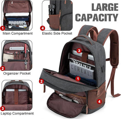 Tzowla Canvas Laptop College Backpack for Men and Women,Travel Work Vintage Rucksack with USB/Type-C Charging Port,Lightweight Hiking Casual Daypack Backpacks fit 15.6 inch Notebook,Black