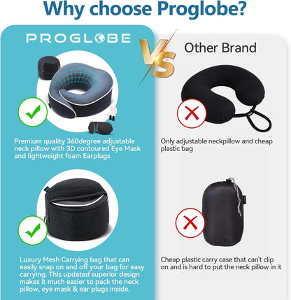 Orthopedic Neck Pillow Travel Neck Pillows for Airplanes, Memory Foam Kit, Updated Resting Material, Airplane Travel Set with 3D Contoured Eye Masks, Earplugs, and Luxury Mesh Bag (Blue)