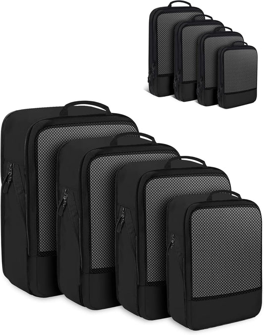 4 PCS Set Compression Packing Cubes for Travel, Lightweight Packaging Organizer Bags for Carry On Space Saving, Travel Essentials Cubes for Suitcase Backpack, Black