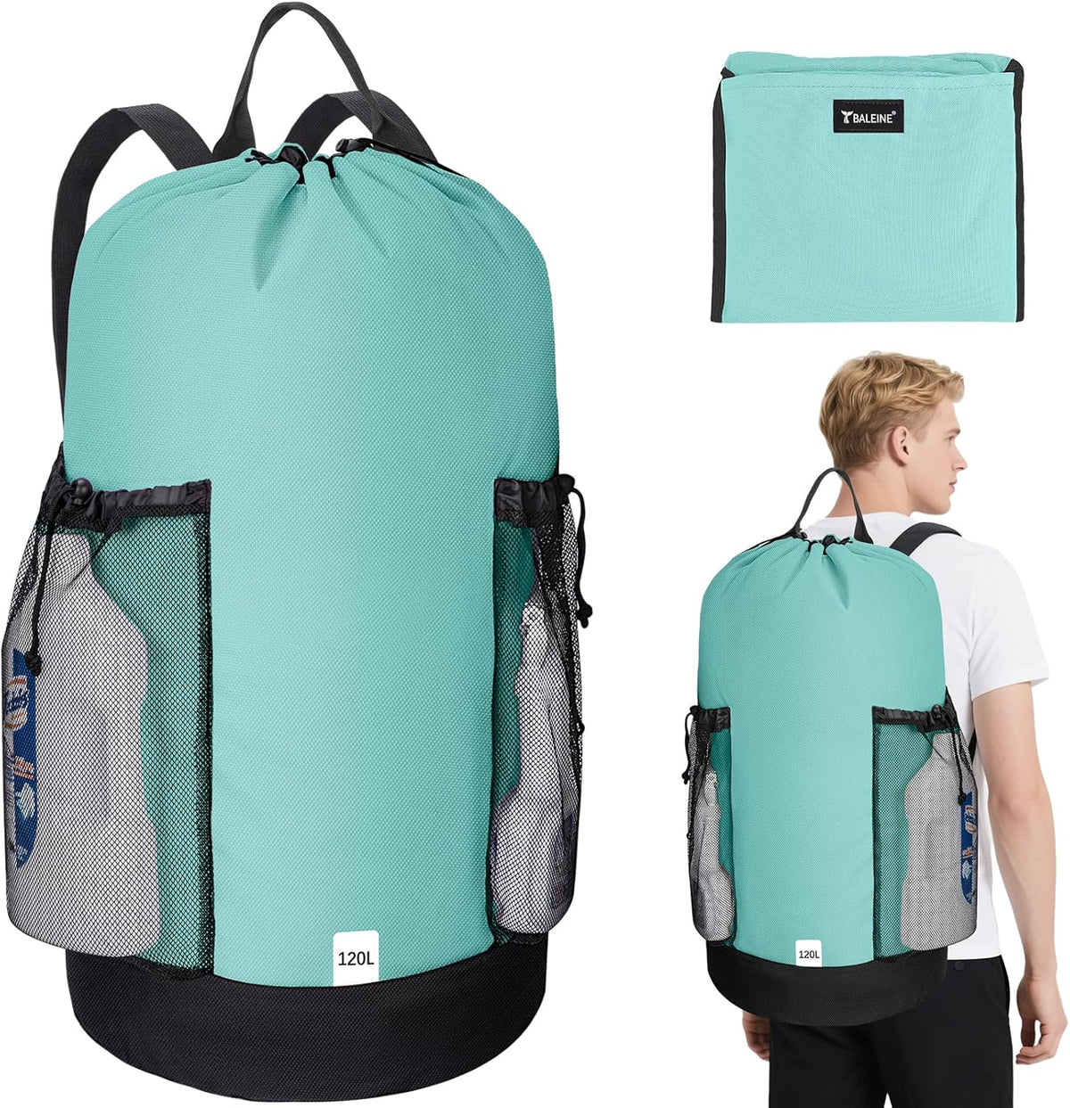 BALEINE 120L Laundry Bag Backpack, 900D Oxford Fabric Large Travel Laundry Bags with Shoulder Straps and 2 Mesh Pockets for College Dorm, Apartment, Laundromat (Sky Blue, 120L)