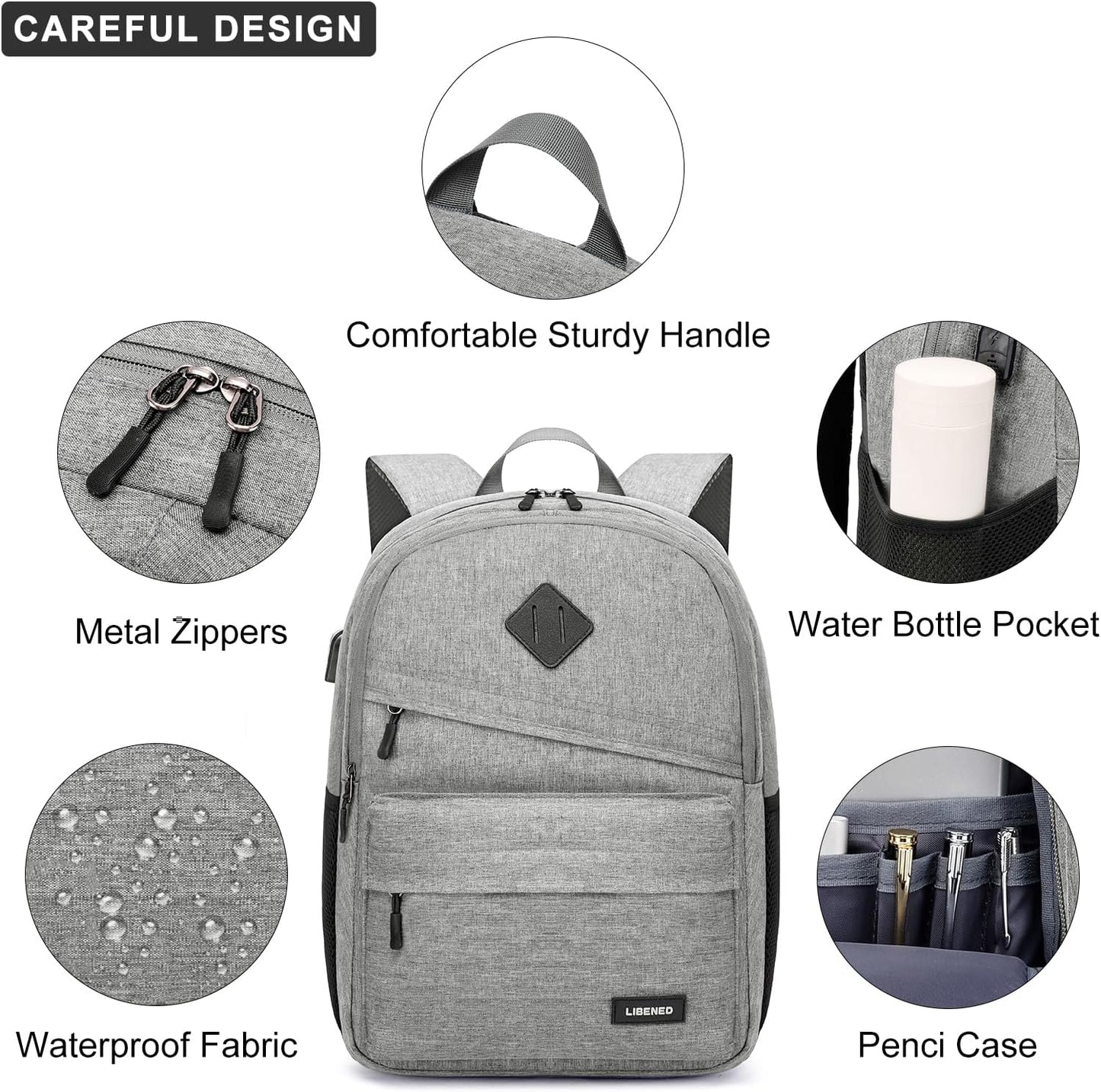 School Backpack for Teen Boys and Girls, with 17.3 inch Laptop Sleeve, Large Computer Bag Mochila with 2 Compartments, Ergonomic Straps, Grey