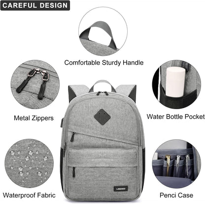 School Backpack for Teen Boys and Girls, with 17.3 inch Laptop Sleeve, Large Computer Bag Mochila with 2 Compartments, Ergonomic Straps, Grey