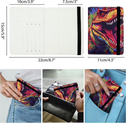 Passport Holder for Women and Men PU Leather Passport Cover for Travel (Colorful Dinosaur)