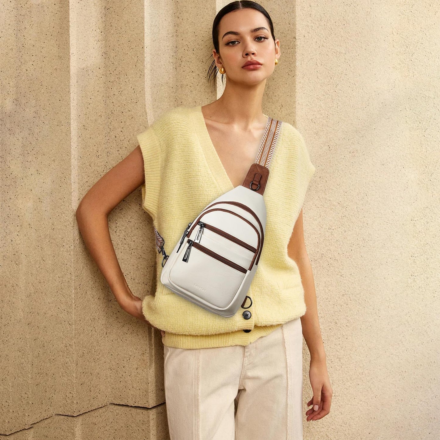 Sling Bag for Women Crossbody Bags Fanny Pack Sling Purse Backpack Vegan Leather Shoulder Bag Travel Anti Theft Beige