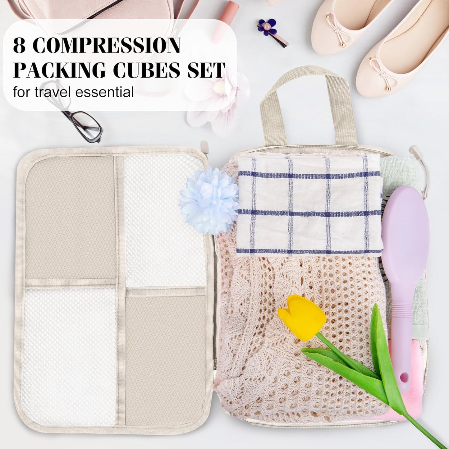 8 Set Compression Packing Cubes Travel, Lightweight Expandable Travel Cubes Suitcase Organizer for Carry On Luggage Suitcase, Beige