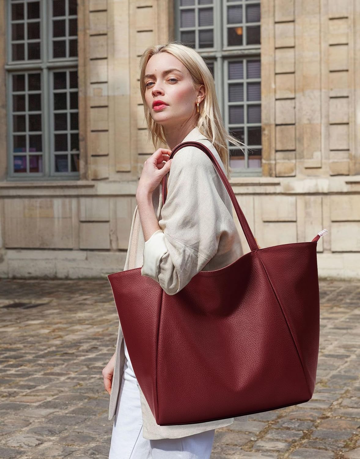 KALIDI Large Tote Bag Vegan Leather Casual Zipper Work Bag Weekender Hobo for Women 23L Oversize Shoulder Travel Purse