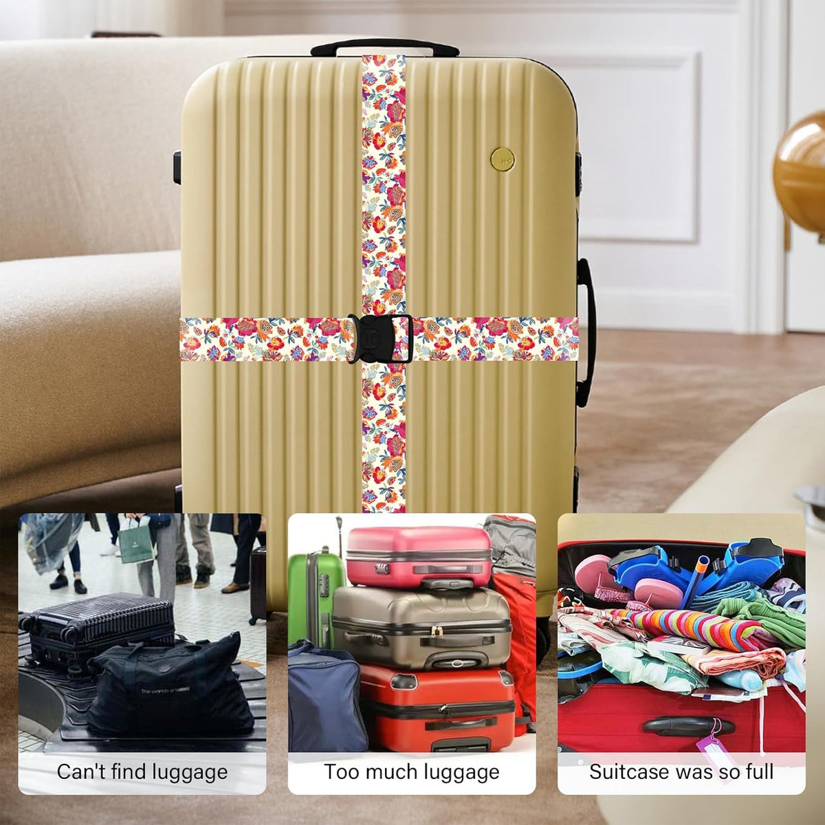 Luggage Straps for Suitcases, Travel Adjustable Belt with Quick Release Buckle, Heavy Duty Nylon Bag Packing Strap, Unique Bright Identifiers Business Travel Accessories (2 Pack) - Rose Flowers