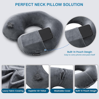 Inflatable Travel Neck Pillow, Super Soft Plane Neck Support Pillow for Travel Ariplane Sleep Support, Adjustable Neck Cushion Headrest Pillow, Folds Up Nicely, Black Grey