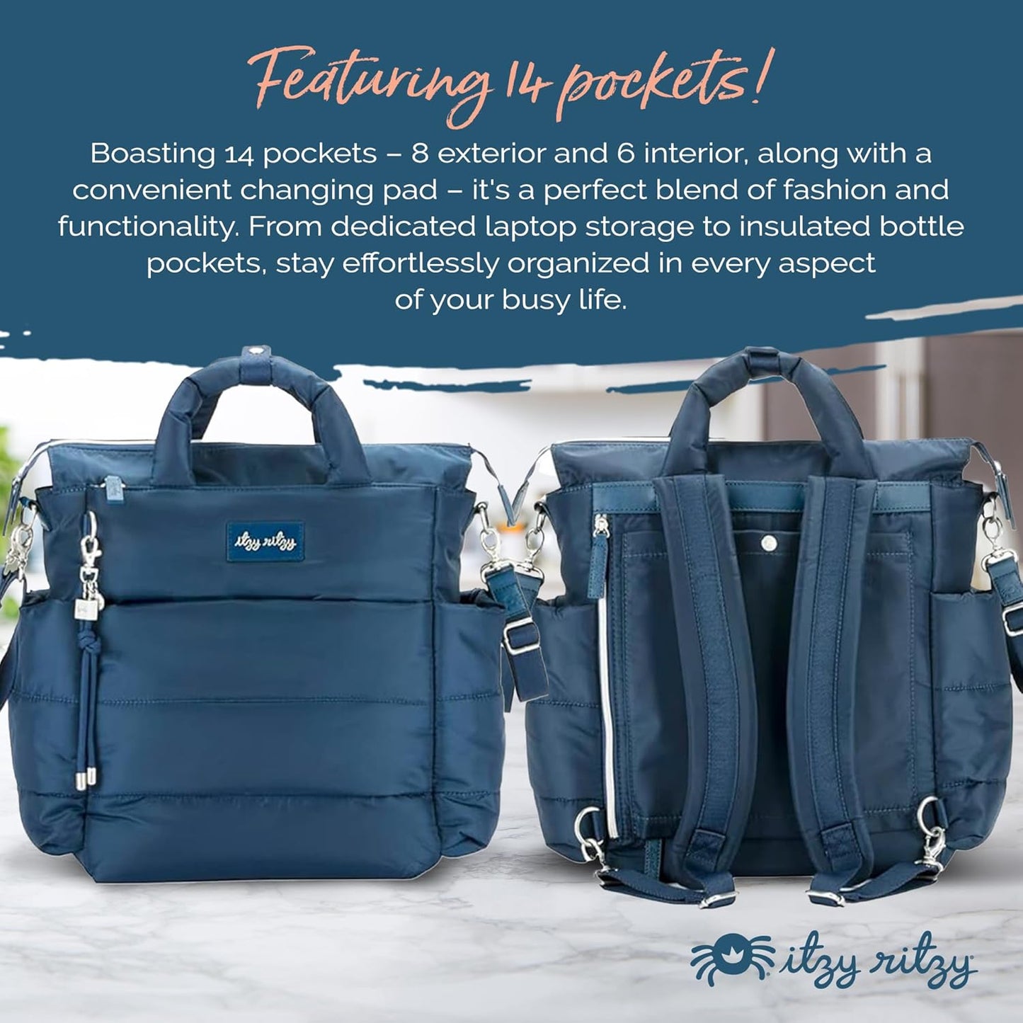 Itzy Ritzy Dream Convertible Diaper Bag Tote Backpack - Baby Diaper Bag with 14 Pockets, Changing Pad (Sapphire Starlight)