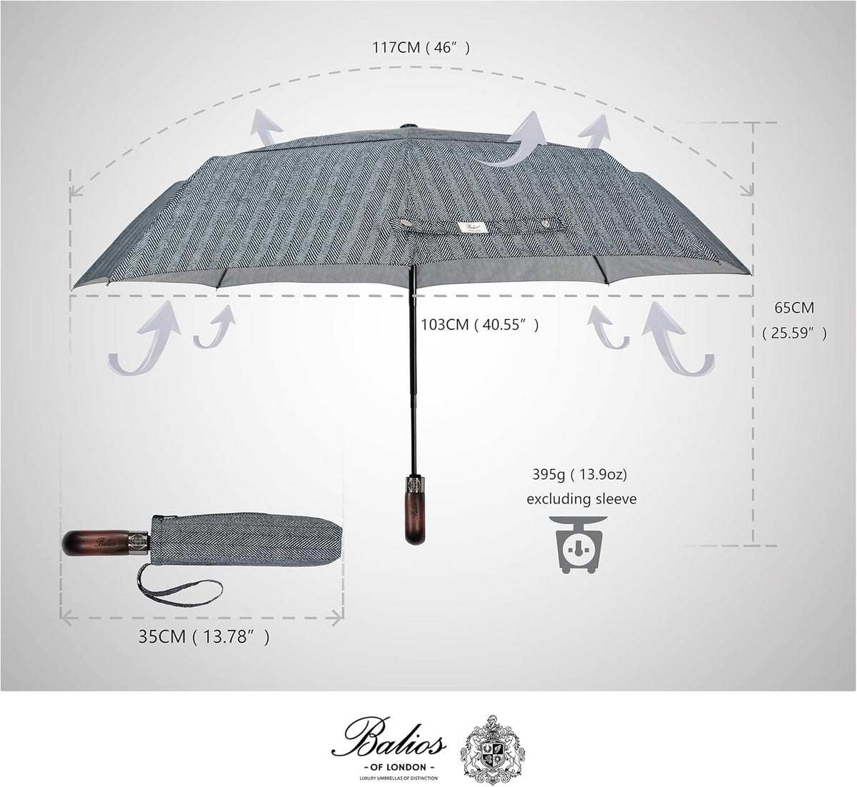 Balios Travel Folding Umbrella with Real Wood Handle Auto Open Close Vented Windproof Canopy - Designed in UK