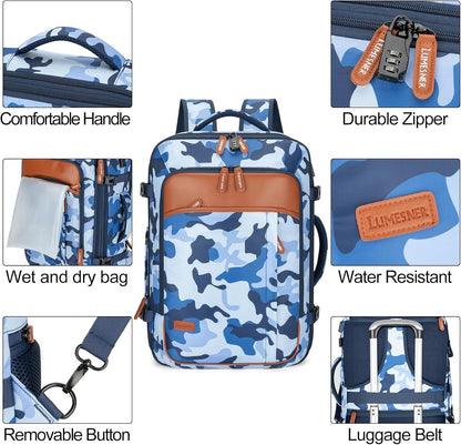Travel Backpack 42L Carry on Backpack Flight Approved Expandable Travel Backpack Carry on Backpack Luggage Daypack (Blue Camouflage)