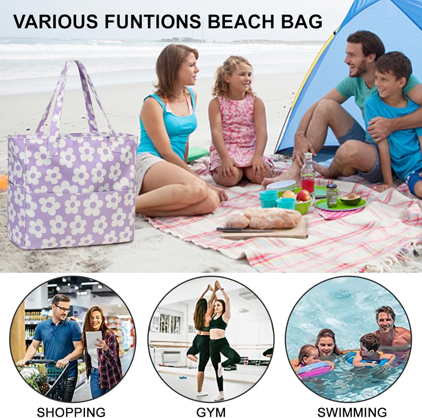 Beach Pool Bags Tote for Women Ladies Large Gym Tote Carry On Bag With Wet Compartment for Weekender Travel Waterproof