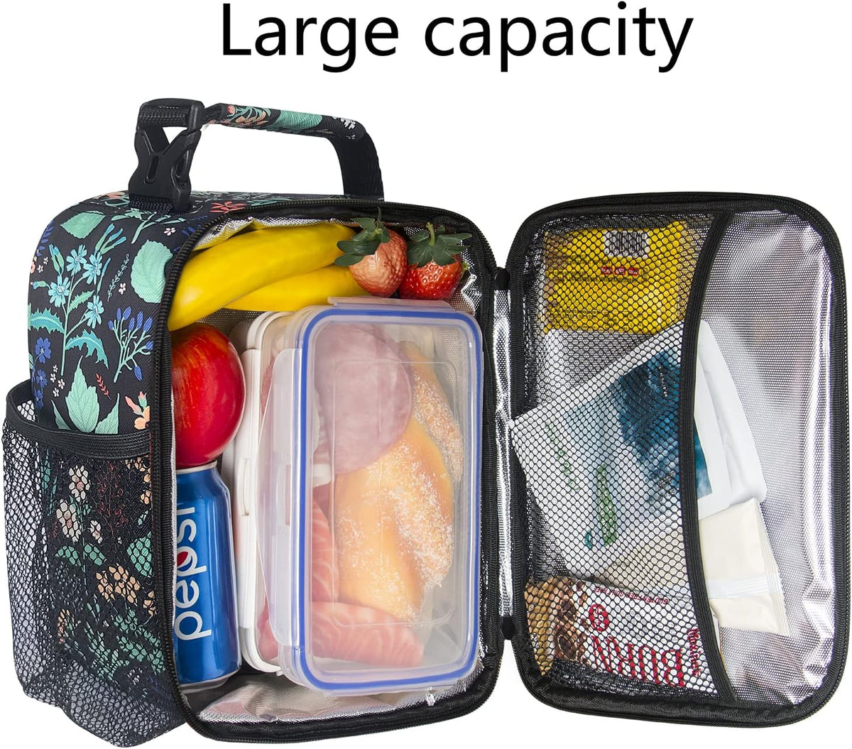 Hap Tim Insulated Lunch Bag Women, Reusable Lunch Box for Women & Men, Adluts Lunchbox for Office Work, Portable Lunchbag, Black Floral（18654-BF）
