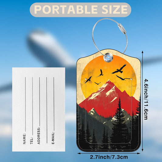 2 Pack Luggage Tags for Suitcases Mountain Landscape at Sunset Leather Luggage Tags Privacy Cover ID Label with Stainless Steel Loop and Address Card for Women Men Travel Bag Backpack