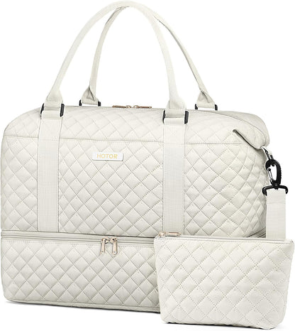 HOTOR Travel Duffel Bag - Weekender Bags for Women, Carry On Overnight Bag with Shoe Compartment, with Toiletry Bag for Travel Essentials and Travel Accessories, Beige, 13.4"×17.3"×7.9"
