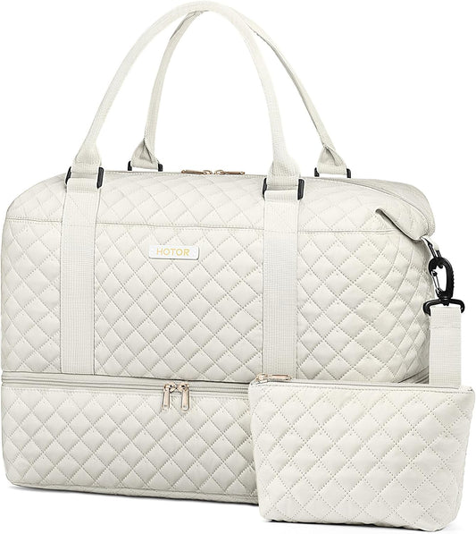 HOTOR Travel Duffel Bag - Weekender Bags for Women, Carry On Overnight Bag with Shoe Compartment, with Toiletry Bag for Travel Essentials and Travel Accessories, Beige, 13.4"×17.3"×7.9"
