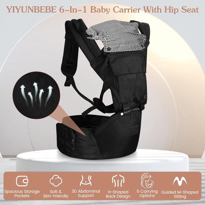 Baby Carrier Newborn to Toddler, 6-in-1 Baby Carrier with Hip Seat Lumbar Support 7-45lbs, Baby Soft Carrier for All Seasons & Positions, Adjustable Size for Shopping Hiking Travelling Black