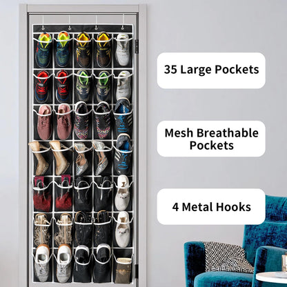 35 Pockets Over the Door Shoe Organizer, Hanging Shoe Organizer for Door with 35 Mesh Pockets Large Capacity Shoe Hanging Storage Bag with 4 Metal Hooks (Black-1Pack)