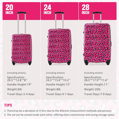 Merax Luggage Sets 3 Piece, Hardside Expandable Suitcase Set with Spinner Wheels, Lightweight Leopard Luggage 20+24+28 IN, Leopard Hot Pink