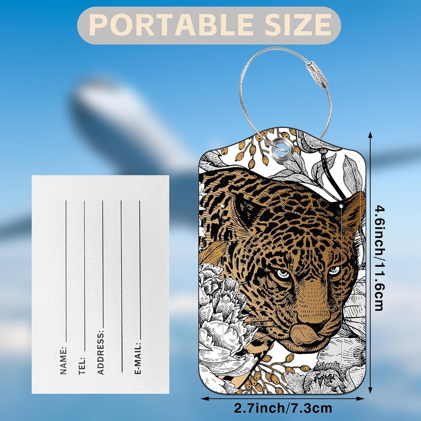 Leopard and Peony Flower Set of 2 Luggage Tags for Suitcases Leather Suitcase Tags Identifiers with Privacy Name Address Label and Stainless Steel Loop for Women Men Travel Luggage Accessories