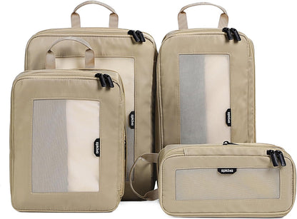 EPICKA TripCozy Compression Packing Cubes - 4 Set Durable Travel Organizer Bags with Mesh Top, Expandable Travel Accessories for Carry on, Luggage, Suitcase, Backpack (Khaki)