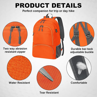 HOLYLUCK 20L lightweight packable Hiking Daypack Foldable Backpack for Men Women Small Travel Outdoor Foldable Shoulder Bag-orange
