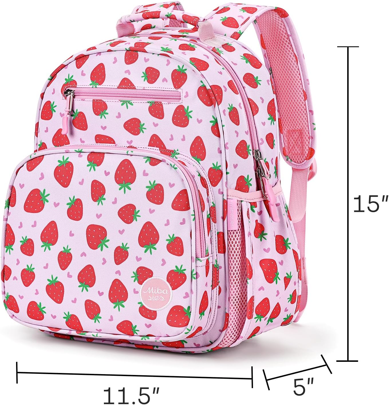 mibasies Girls Backpack 5-8: Lightweight Kids Backpacks for Girls - Girl Bookbag for Elementary School - Strawberry Heart-shaped Pink