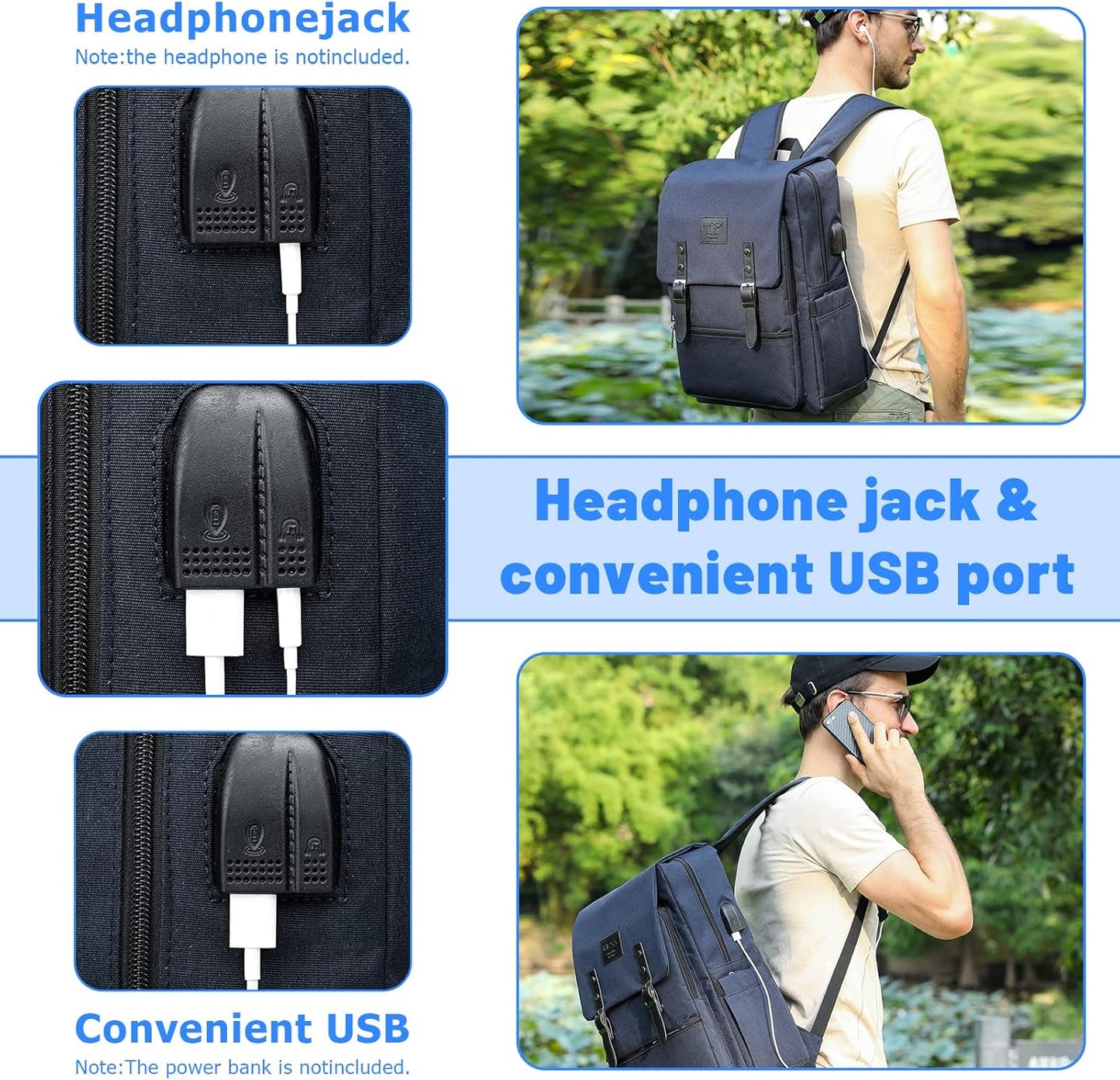 HFSX Anti Theft Laptop Backpack Men Women Business Travel Computer Backpack College Bookbag Stylish Water Resistant Vintage Backpack with USB Port Fits 15.6 Inch Laptop Blue