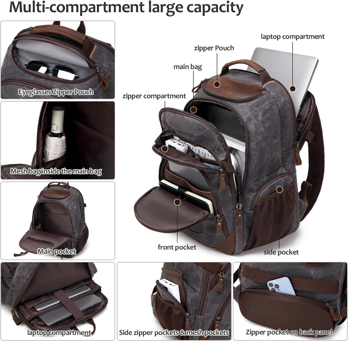 Travel Laptop Backpack 17.3 inch XL Computer Backpack for Men Waxed Canvas College Daypack Business Backpack Black Gray