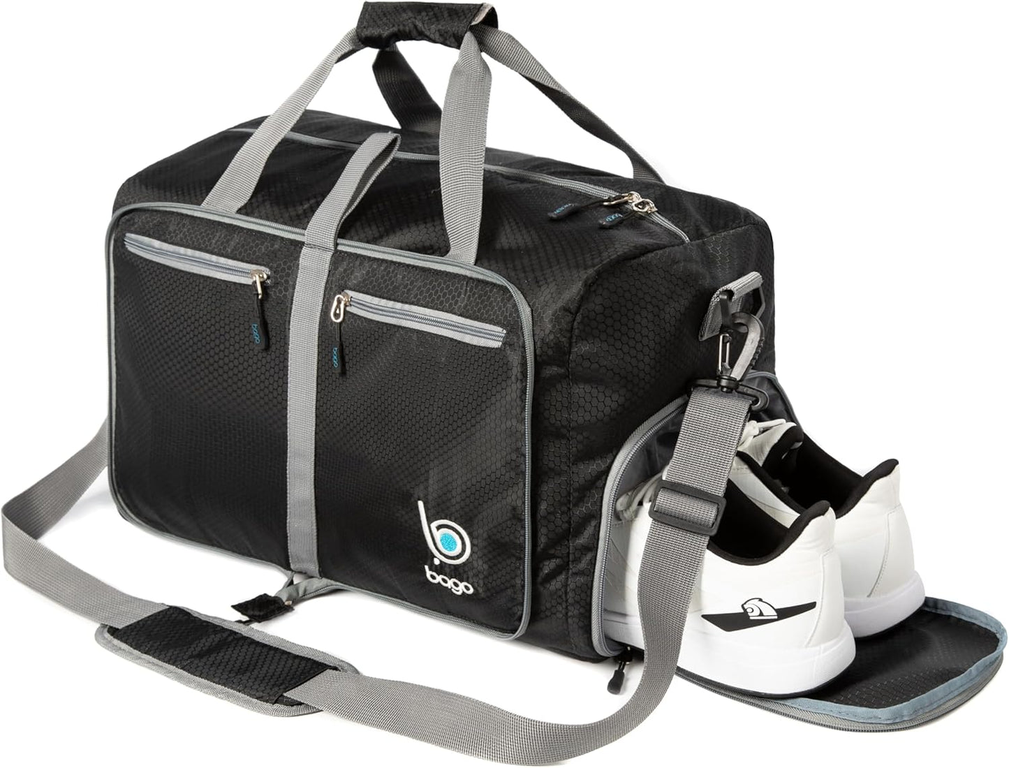 Bago Foldable Duffel Bags for Traveling Women & Men - 60L Medium Packable Duffle Bag for Travel with Shoe Compartment - Water Repellant, Heavy Duty, Lightweight Folding & Collapsible (Black)