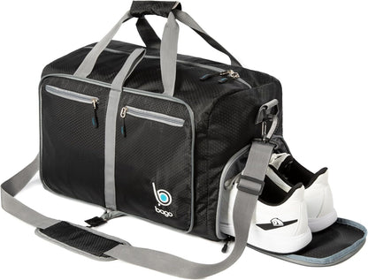 Bago Foldable Duffel Bags for Traveling Women & Men - 60L Medium Packable Duffle Bag for Travel with Shoe Compartment - Water Repellant, Heavy Duty, Lightweight Folding & Collapsible (Black)