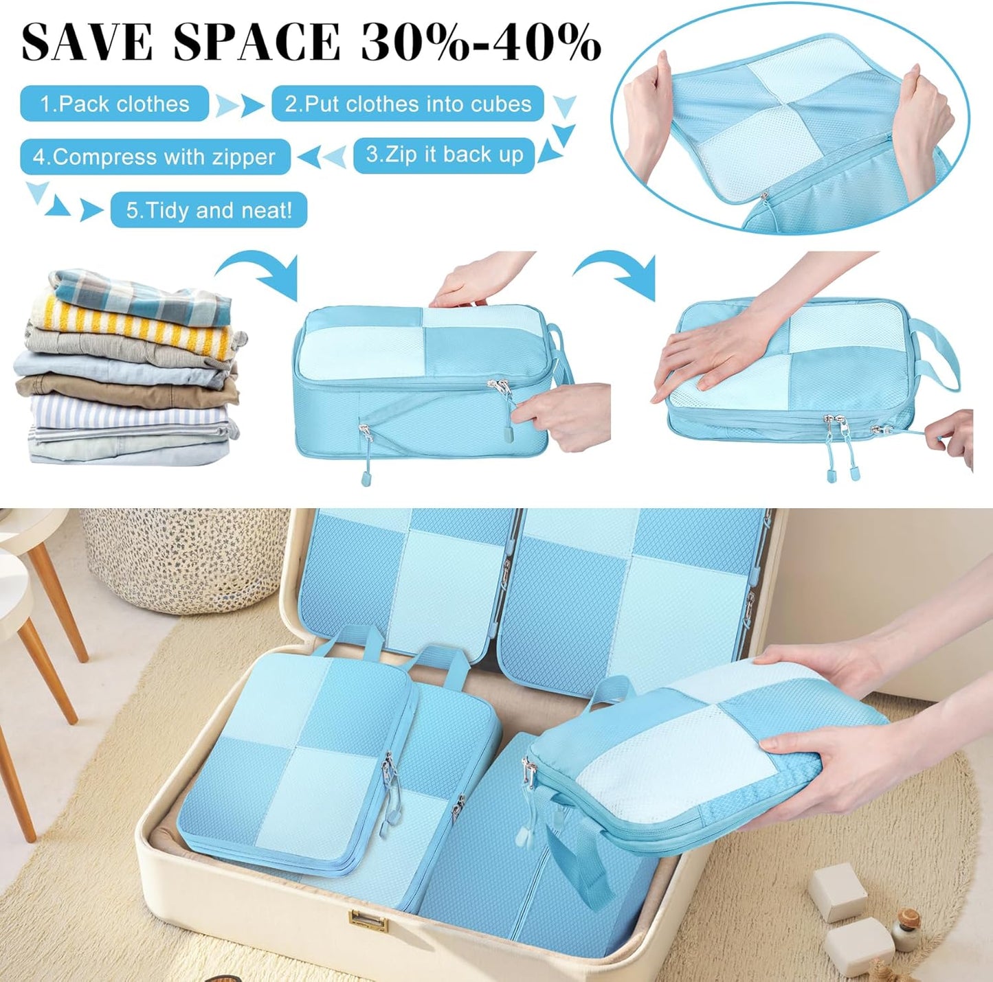 8 Set Compression Packing Cubes Travel, Lightweight Expandable Travel Cubes Suitcase Organizer for Carry On Luggage Suitcase, Light Blue
