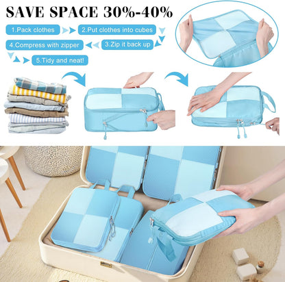 8 Set Compression Packing Cubes Travel, Lightweight Expandable Travel Cubes Suitcase Organizer for Carry On Luggage Suitcase, Light Blue