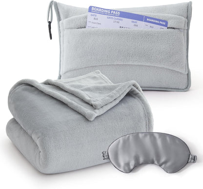 Bedsure Travel Blanket Airplane Compact with Storage Bag, Packable Blanket with Eye Mask, Lightweight 2-in-1 Travel Essentials, Functioned as Pillow for Airplane Comfort and Warmth, Grey