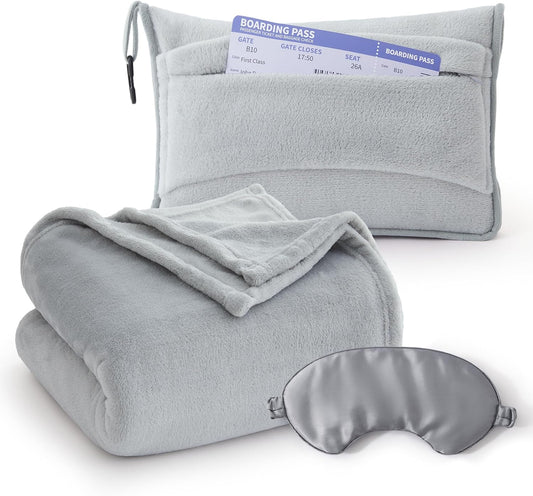 Bedsure Travel Blanket Airplane Compact with Storage Bag, Packable Blanket with Eye Mask, Lightweight 2-in-1 Travel Essentials, Functioned as Pillow for Airplane Comfort and Warmth, Grey