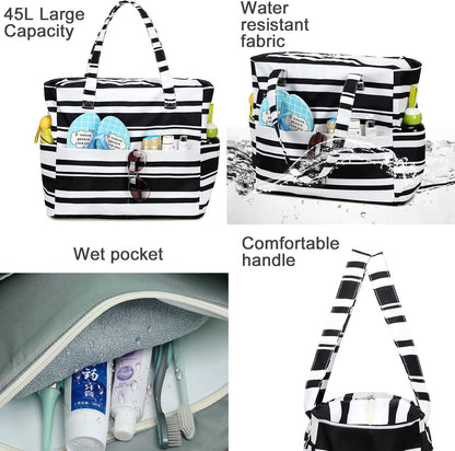 LEDAOU Large Beach Tote Bag Women Waterproof Sandproof Zipper Beach Tote Bag for Pool Gym Grocery Travel with Wet Pocket
