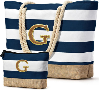 Becokan Beach Bag Initial Beach Tote with Makeup Bag for Travel Work Storage Personalized Birthday Gifts for Women Her