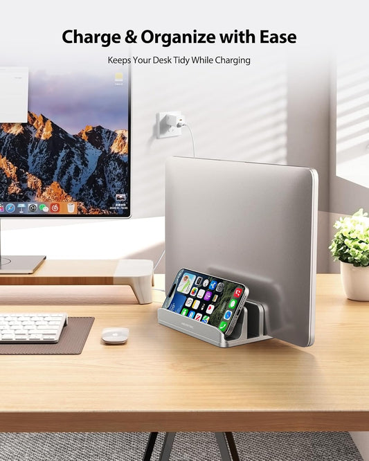 AboveTEK Vertical Laptop Stand, 3 Slots Aluminum Desk Laptop Holder & Laptop Docking Station Stand for MacBook, Tablet, Phone - Universal Fit (Up to 17.3") - Heavy Duty Polished, Anti Slide - Silver