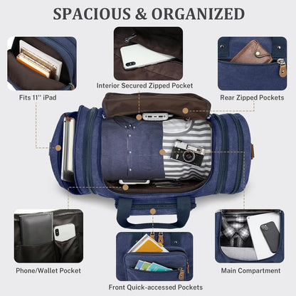 Gonex Canvas Duffle Bag for Travel 50L Expandable Duffel Weekend Overnight Bag men (Blue)