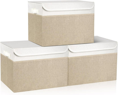 Large 17" 42 Quarts Collapsible Stackable Storage Bins with Lids [3-Pack] Foldable Fabric Linen Storage Boxes Cube, Closet Organizer Baskets with Label (16.7 x 12 x 12, Beige & White)