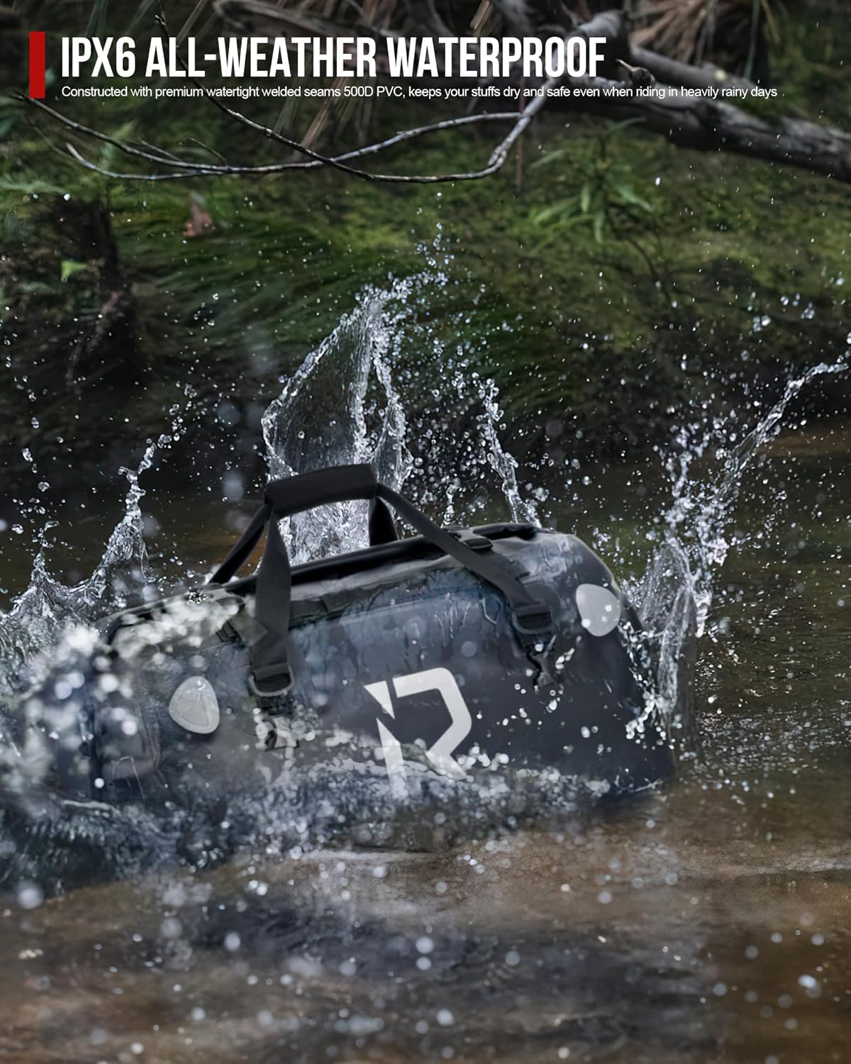 IRON JIA'S Motorcycle Dry Bag - Waterproof Duffle & Luggage Tail Bag Saddle Bags with Roll Top Closure, Shoulder Straps, Inner Pocket and Mesh Pocket (Black, 50L)