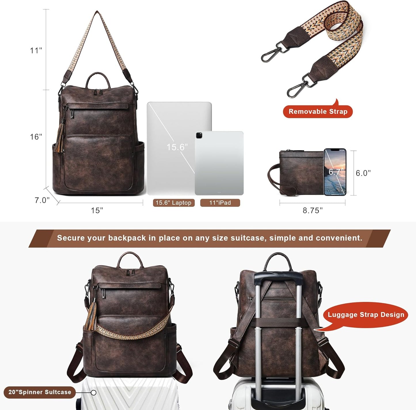 Shrrie Vegan Leather Laptop Backpack for Women 15.6 inch Work Backpack Fashion Travel Backpack Purse for Travel College Work