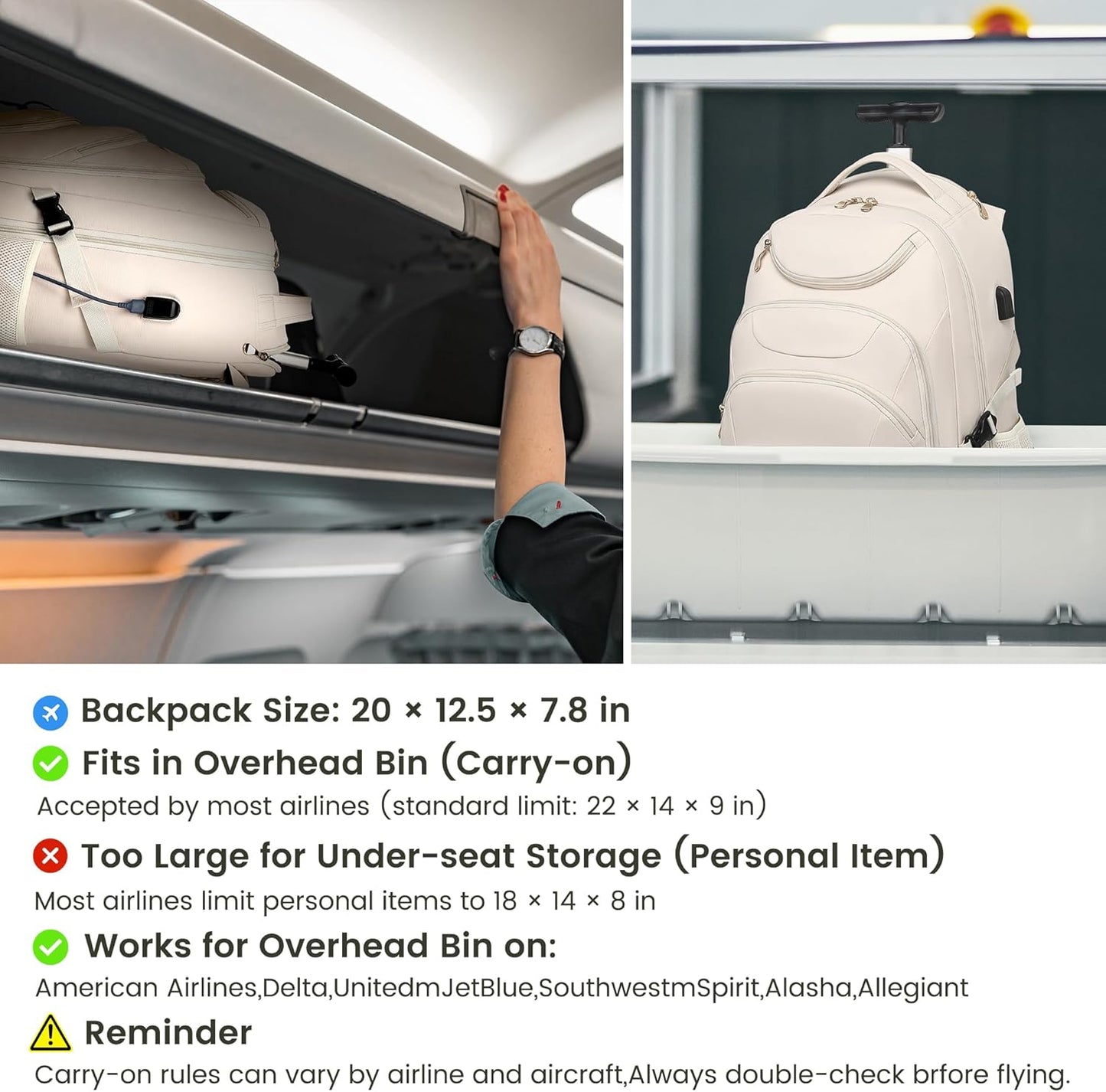 Boavan Rolling Backpack for Women, 17.3 Inch Wheeled Laptop Backpack,Large Travel Carry-On Bag for Teachers College Students, USB Charging Port Waterproof Business for Airplane Overnight Luggage，Beige