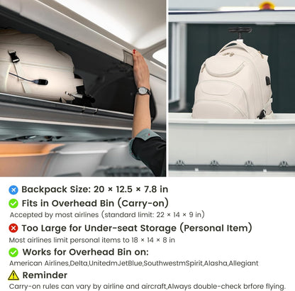 Boavan Rolling Backpack for Women, 17.3 Inch Wheeled Laptop Backpack,Large Travel Carry-On Bag for Teachers College Students, USB Charging Port Waterproof Business for Airplane Overnight Luggage，Beige