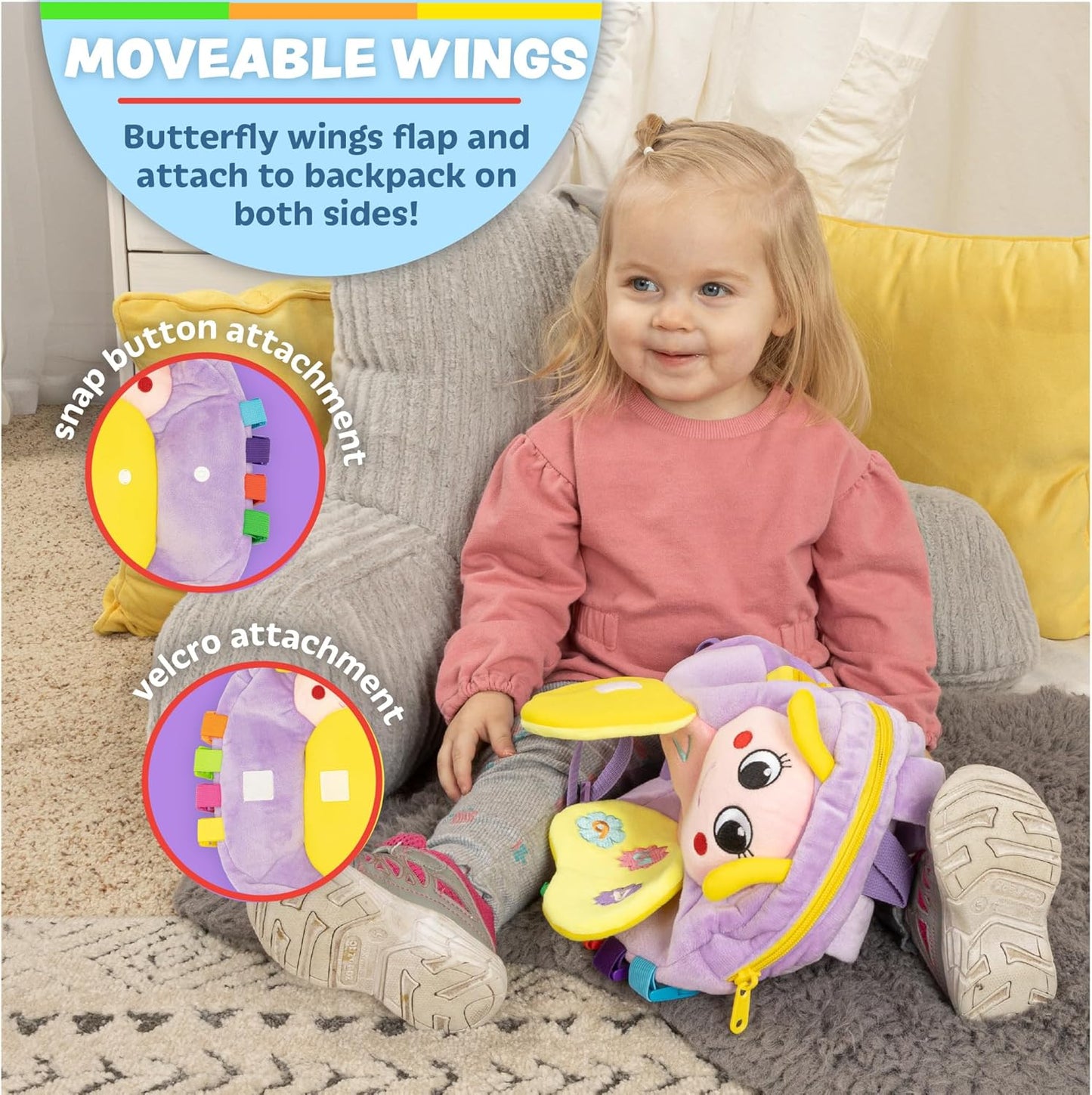 Buckle Toys Blossom Butterfly Toddler Backpack with Buckles and Toddler Learning Activities and Sensory Toys for Toddlers 1-3, Travel Essentials & Road Trip Activities for Fine Motor Skill Development