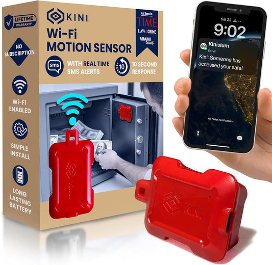 Kini SafeAlert WiFi Motion Sensor Alarm | Real-Time SMS Notification | Wireless Motion Detector for Gun Safes, Cabinets, Home, Apartments, Office | Easy Install, No Subscription, Rechargeable Battery