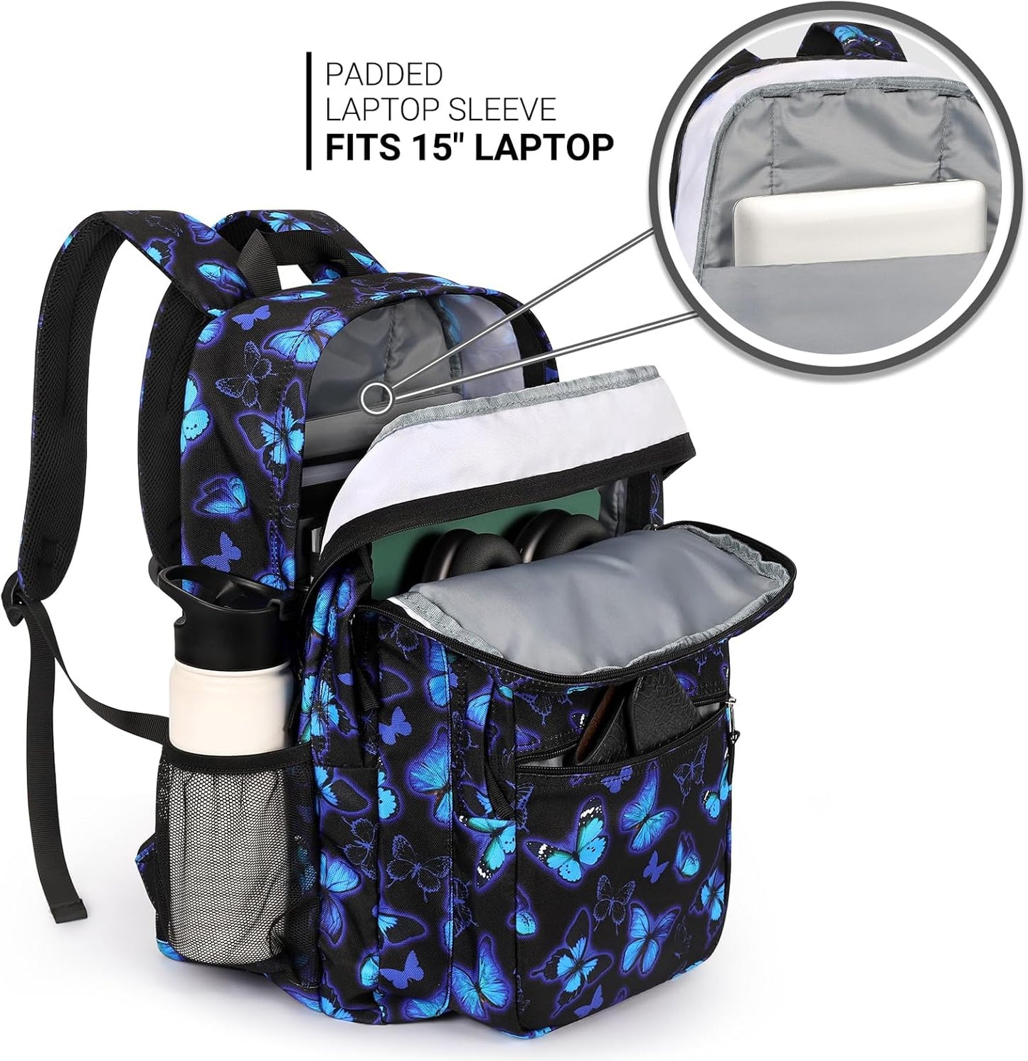 ZORFIN 26L Backpack for College, and Travel: Water Resistant Bookbag - Butterfly Black